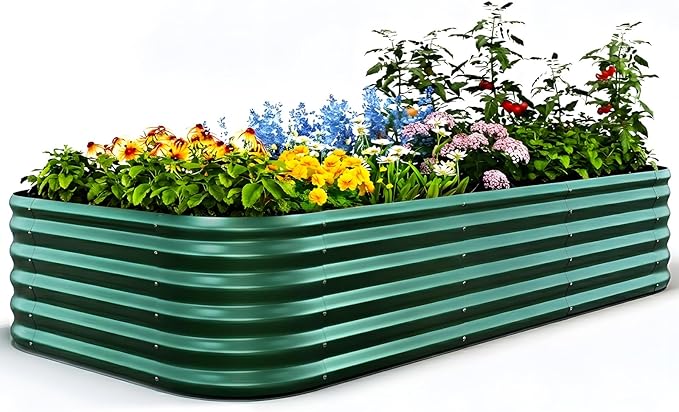 Quictent Galvanized Raised Garden Bed Kit, 8x4x1.5 ft Oval Metal Planter Box Tall for Vegetables Outdoor Backyard, Strengthened by Crossbar, Dark Green