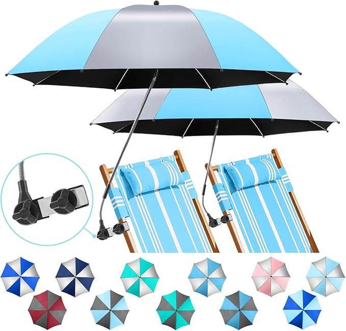 2 Pack Beach Umbrella with 360 Universal Clamp, UPF50+ Umbrella Outdoor Patio Sun Protection for Chairs, Beach &Patio Use (Not Include Chair)