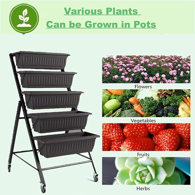 Homdox 2 Pack Elevated Garden Bed, 5-Tier Freestanding Vertical Raised Bed for Gardening, 5 Garden Planter Boxes & 5 Hooks, Perfect to Grow Vegetables Herbs Flowers Outdoor Indoor, Black with Wheels