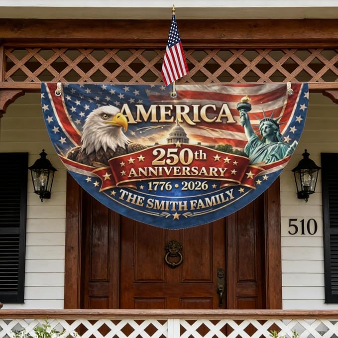 Personalized USA 250th Anniversary Bunting Flag 1776-2026, Custom Family Name Patriotic America Bunting, Non-Pleated Fan Flag for Porch, Wall, Fence, Outdoor 4th of July Decor