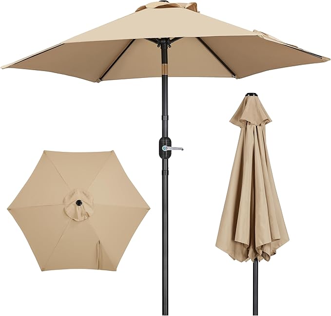 Yaheetech Outdoor Patio Umbrella, 7.5ft Table Market Umbrella with Push Button Tilt and Crank & Sturdy Ribs UV Protection for Garden, Deck, Backyard, Pool, Tan