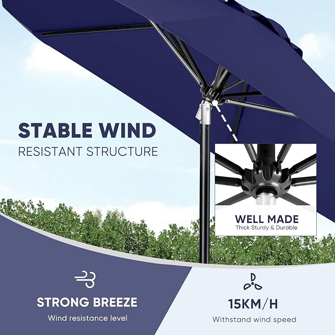 Tempera Patio Market Outdoor Table Umbrella with Auto Tilt and Crank, Large Sun Umbrella with Sturdy Pole & Fade Resistant Canopy, Easy to Set