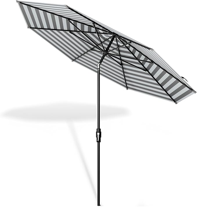 The Swilt 9 Feet Outdoor Umbrella With Terylast Matter Stripes (Grey/White) Polyester Fabric - Fiberglass Ribs, Auto-Tilt And Swivel Aluminum Frame Patio Umbrella For Deck, Garden, Pool - Black Pole