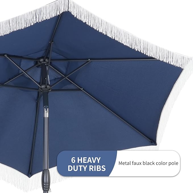 GDY 7.5FT Tassel Patio Umbrella Outdoor Table Umbrella,Market Umbrella with 6 Sturdy Ribs, with Push Button Tilt and Crank for Garden, Lawn, Deck, Backyard & Pool (Dark Blue)