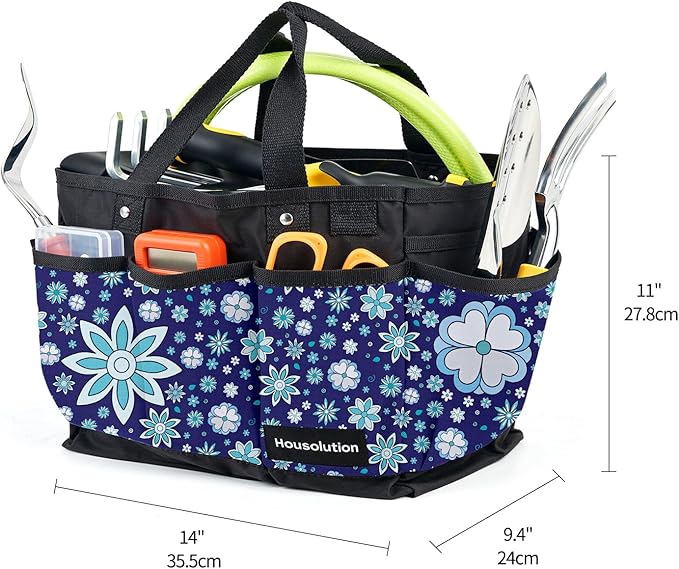 Housolution Gardening Tote Bag, Deluxe Garden Tool Storage Bag and Home Organizer with Pockets, Wear-Resistant & Reusable, 14 Inch, Blue Flowers