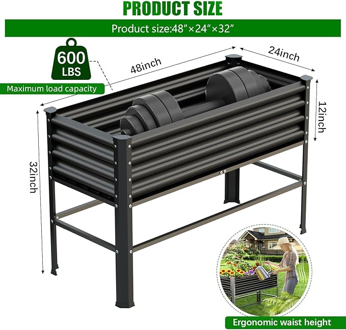 Galvanized Raised Garden Bed with Legs,48×24×32in Large Metal Elevated Raised Planter Box ,Raised Garden Bed,600lb Capacity with Drainage Holes for Vegetables Lawn Green Flowers, Fruits, Terrace