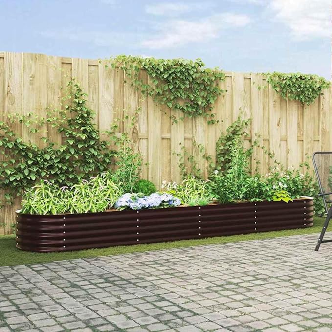 vidaXL Galvanized Steel Garden Raised Bed Planter Brown Oval 157.5 x 31.5 x 17.3 in Durable Metal Planters for Outdoor Use Modern Design Perfect Veggies and Flowers Planting