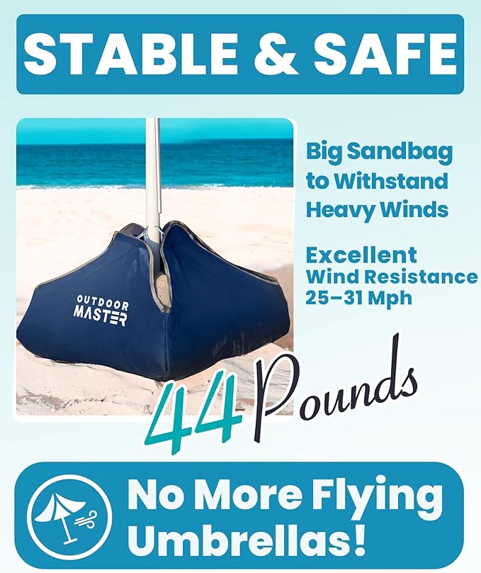 OutdoorMaster Beach Umbrellas for Sand with Sandbag & Anchor, 7.2ft Adjustable Umbrella for Beach Heavy Duty Wind, Portable UPF50+ Sunshade with Carry Bag for Patio