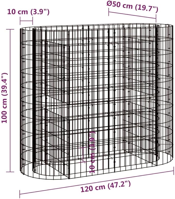 vidaXL Gabion Raised Bed, Proof and Weather- Galvanized Iron, Oval Shape, Ideal for Garden and Patio, 47.2"x19.7"x39.4", Stones Not Included, Assembly Required, Silver.