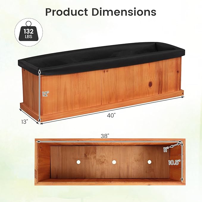 S AFSTAR Wooden Raised Garden Bed with Drainage Holes & Liner, Solid Fir Wood Planter Box for Flower Vegetable Herb, Outdoor Indoor Gardening Kit for Balcony Patio Backyard (40" x 13" x 12")