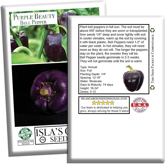 Purple Beauty Sweet Bell Pepper Seeds for Planting (Capsicum annuum) – 100+ Non-GMO Heirloom Seeds by Isla’s Garden Seeds, Vibrant Purple Peppers Ideal for Garden Beds, Containers & Fresh Use