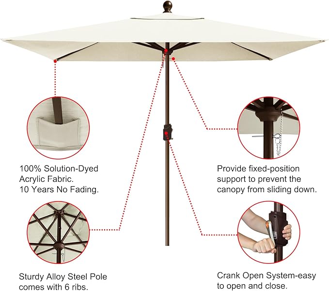 EliteShade USA 10-Year-Non-Fading 6.5x10Ft Rectangular Market Umbrella Patio Umbrella Outdoor Table Umbrella with Ventilation(Natural)