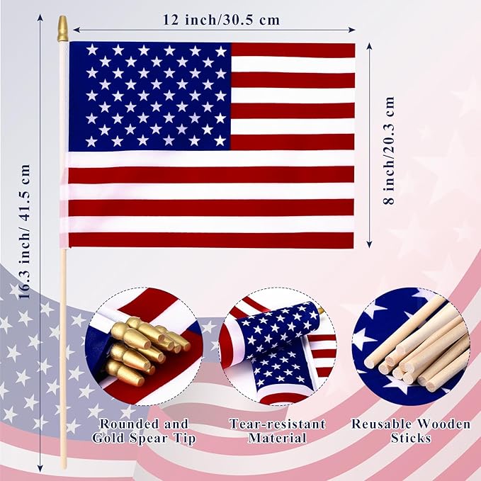 Shimeyao 200 Pcs American Flag Bulk - 8" x 12" Handheld USA Flags on Wooden Stick Set for 4th of July, 250th Anniversary, Patriotic Party, Memorial Day Decoration