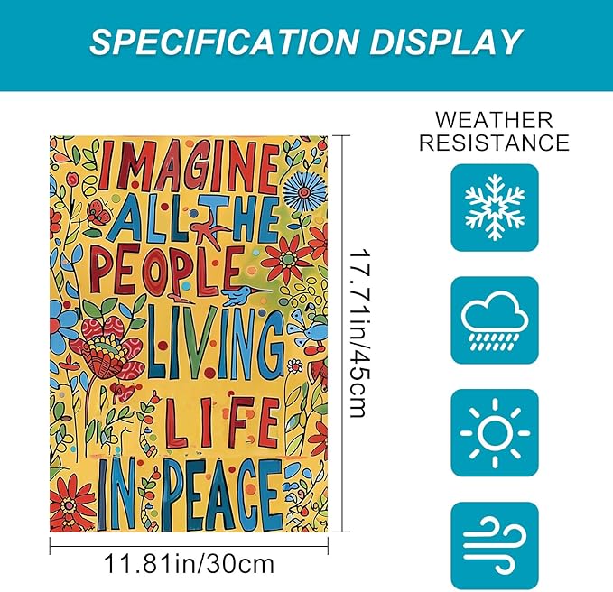 BlissYard Welcome Garden Flag 12x18 Inch Imagine All The People Living Life In Peace Colorful Floral Artistic Double Sided Yard Banner Inspirational Quote Sign For Outdoor Porch Patio Decoration