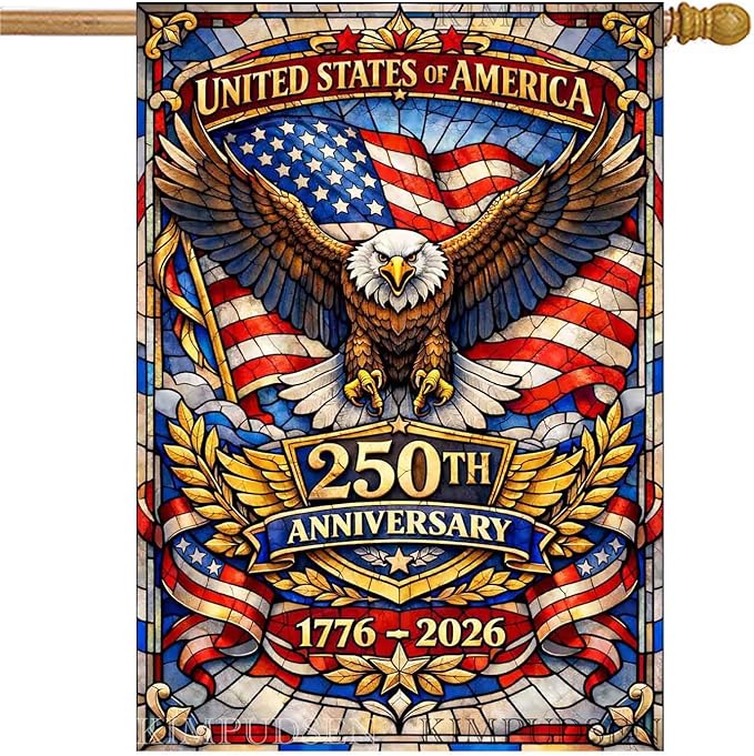Stained Glass Patriotic Large Garden Flag 28x40 Inch, 250th Anniversary 1776-2026 American Eagle House Flag, Independence Day Outdoor Decor, Double Sided Burlap