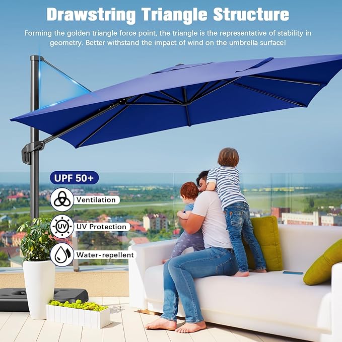 Hoteel 10ft Patio Umbrella Heavy Duty Aluminum Windproof & Shade Provision Outdoor Cantilever Square Offset Large Umbrella Height Adjustable with 360°Rotation for Patio Pool Deck Gazebo, Dark Blue