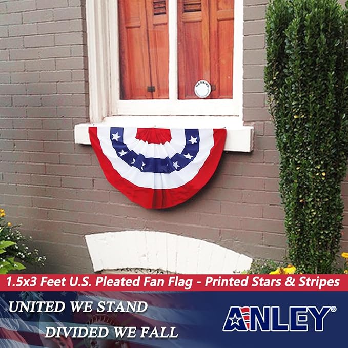 Anley US National Pleated Fan Flag, 1.5x3 ft American Bunting Flag Patriotic Stars & Stripes - Sharp Color and Fade Resistant - Canvas Header and Brass Grommets - United States 1.5 x 3 Feet Half Fan Banner