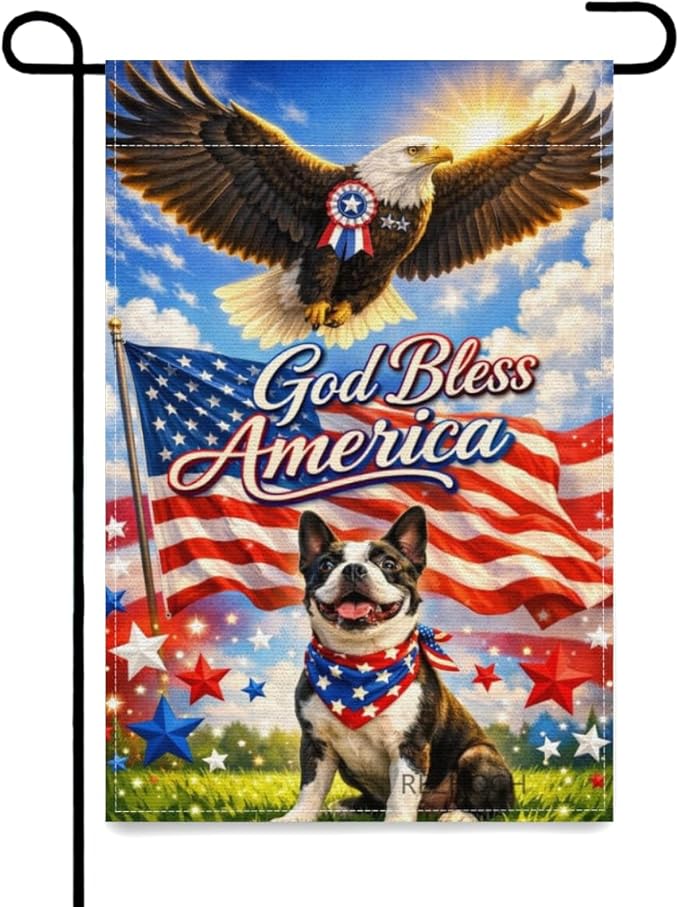Patriotic Boston Terrier Garden Flag 12x18 Inch,American Independence Day Outdoor Yard USA Flag Funny Animal,Red White Blue 4th of July Lawn Porch Double Sided Outside Decor