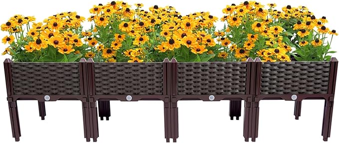 4-Piece Raised Garden Bed, Plants Elevated Garden Boxes with Drainage, Floor Standing Planter Raised Beds Outdoor Raised Garden Bed with Legs for Yards Courtyards Planting