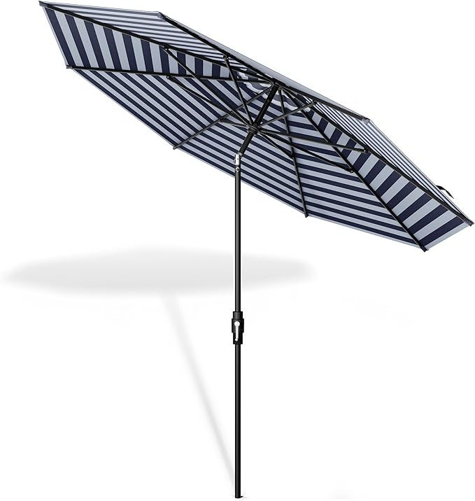 The Swilt 8 Feet Outdoor Umbrella With Terylast Navy Stripes (Navy/White) Polyester Fabric - Fiberglass Ribs, Auto-Tilt And Swivel Aluminum Frame Patio Umbrella For Deck, Garden, Pool - Black Pole