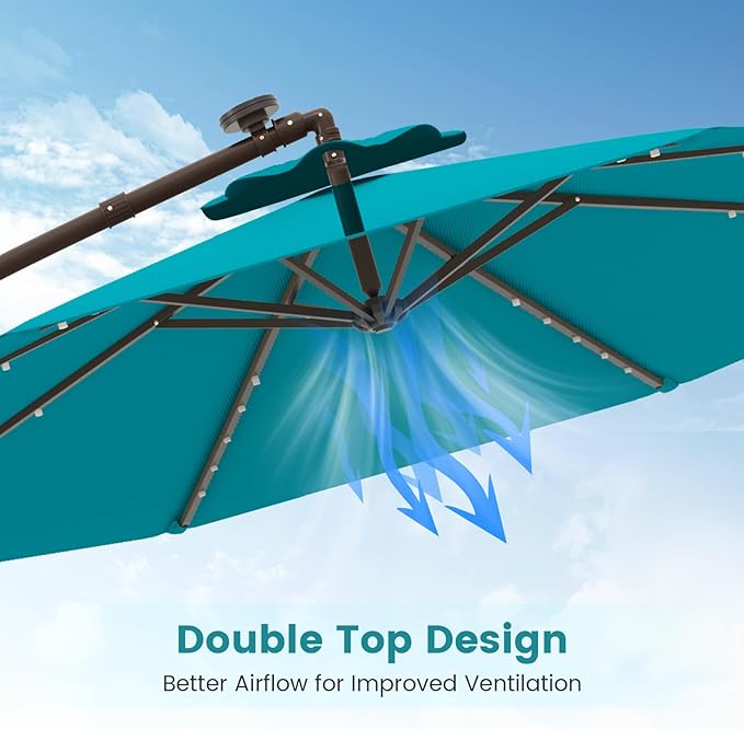 Tangkula 10FT Offset Patio Umbrella with Base Included, Outdoor Cantilever Umbrella with 32 Solar LED Lights, Tilt Adjustment, Crank Handle, Vented Top, Sand Bags for Pool Yard Deck (Turquoise)