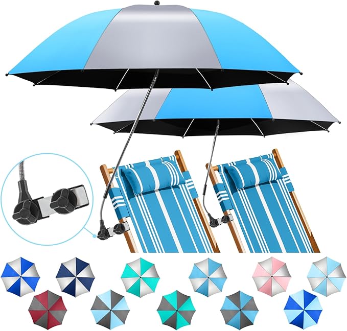 2 Pack Beach Umbrella with 360 Universal Clamp, UPF50+ Umbrella Outdoor Patio Sun Protection for Chairs, Beach &Patio Use (Not Include Chair)