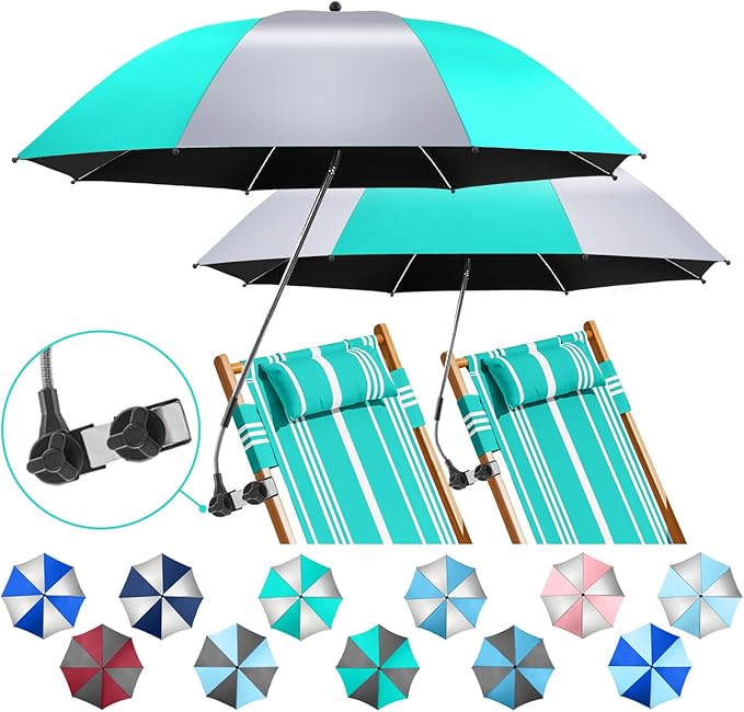 2 Pack Beach Umbrella with 360 Universal Clamp, UPF50+ Umbrella Outdoor Patio Sun Protection for Chairs, Beach &Patio Use (Not Include Chair)