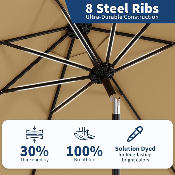 GarveeLife 9FT Patio Umbrella Outdoor, Table Umbrella with Push Button Tilt and Crank, 8 Sturdy Ribs UV Protection Waterproof for Garden, Pool, Market, Deck (Tan)