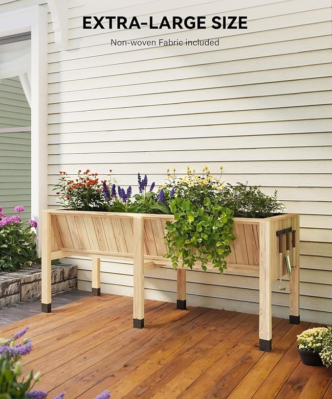 72x26x30 Inch Raised Garden Bed With Leg, Elevated Wood Planter Box Stand for Vegetables, Herbs & Flowers, 6x2x2.5 Ft Outdoor Standing Planter w/Hooks,13.7In Depth Plante for Backyard, Patio, Balcony