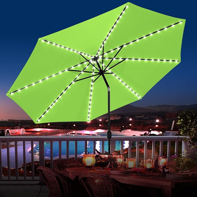 Sundale Outdoor Solar 104 LED 11 ft Patio Umbrella with Sand Bag Base, Outdoor Umbrella with Tilt and Crank, Apple Green