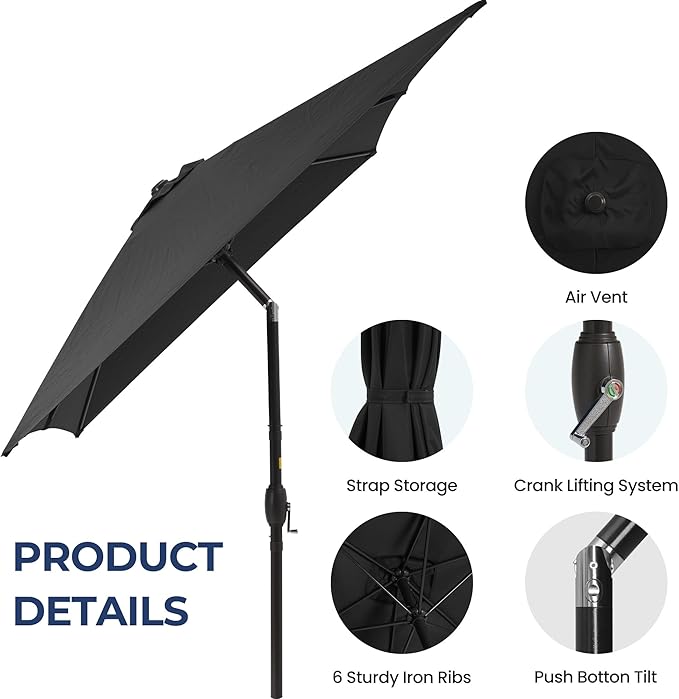 Patio Umbrella Striped Outdoor Table Market Umbrella with Push Button Tilt and Crank Sturdy Aluminum Ribs for Deck, Lawn, Pool& Backyard