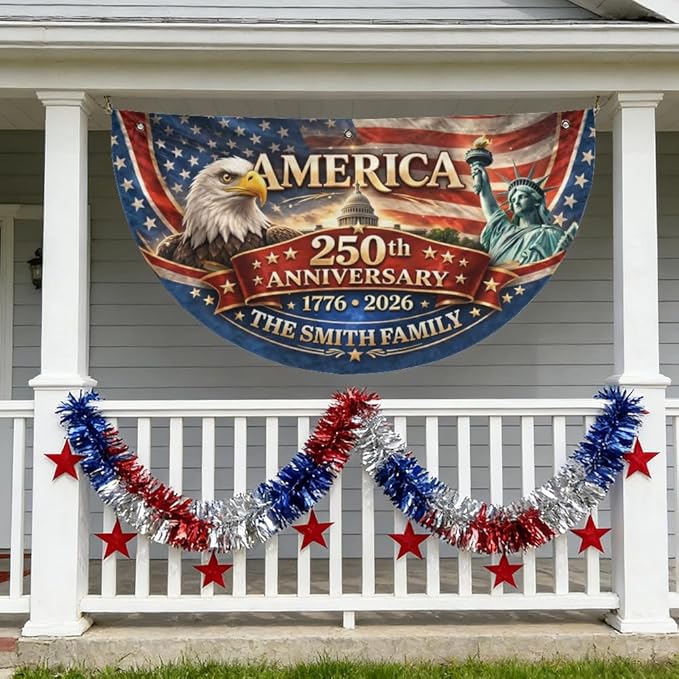Personalized USA 250th Anniversary Bunting Flag 1776-2026, Custom Family Name Patriotic America Bunting, Non-Pleated Fan Flag for Porch, Wall, Fence, Outdoor 4th of July Decor