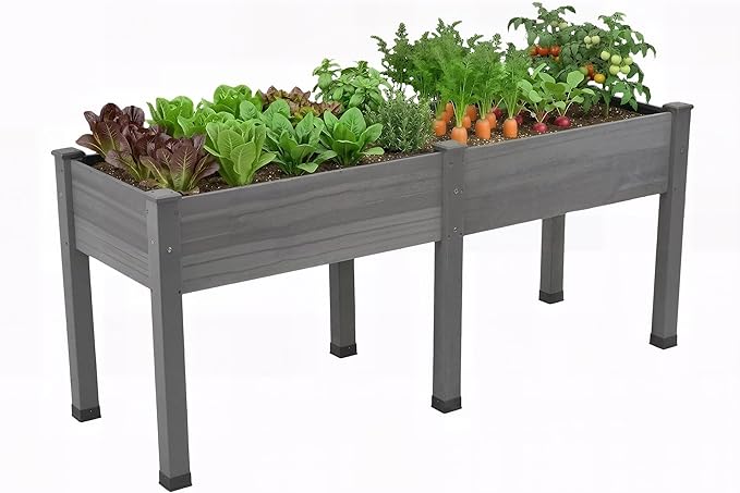 AMERLIFE Raised Garden Bed, 72x24x30 Inches Elevated Wood Planter Box with Legs, Bed Liner, Divider and Drainage System for Backyard, Patio, 300 lb Capacity - Grey
