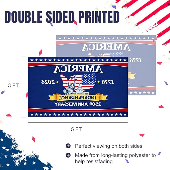 USA 250th Anniversary Flag 3x5 FT – Double-Sided Patriotic Polyester Banner with Brass Grommets, Fade Resistant Outdoor American Flag 1776-2026 for Garden, Porch, Yard, Memorial & Independence Day
