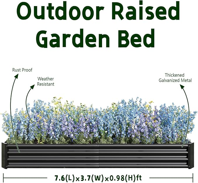 Metal Raised Garden Bed Outdoor Galvanized Raised Garden Bed 7.6x3.7x0.98ft Rectangle Planter Raised Beds Raised Planter Box for Gardening Vegetables Flowers and Herbs, Black