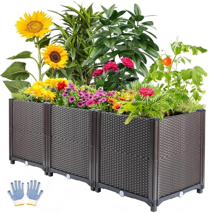 Emalie Deep Raised Garden Beds Large Plastic Planter Box with Drainage Plugs for Veggies Flowers Herbs Deep Root Plants Growing, 47.2" Lx15.7 Wx16.9 H Brown