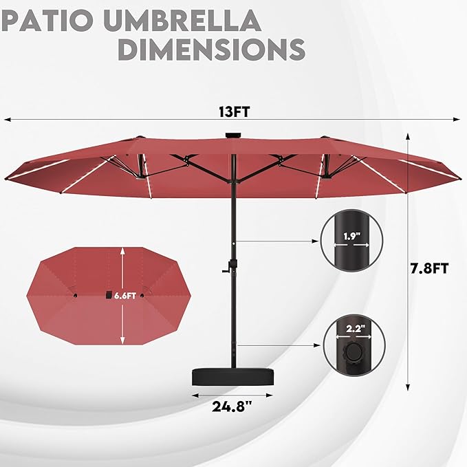 13ft Large Patio Umbrella with Solar Lights, Outdoor Double-Side Rectangular Umbrella with Base Included, Backyard Pool Umbrella with LED Light for Deck, Outside, Market, Burgundy