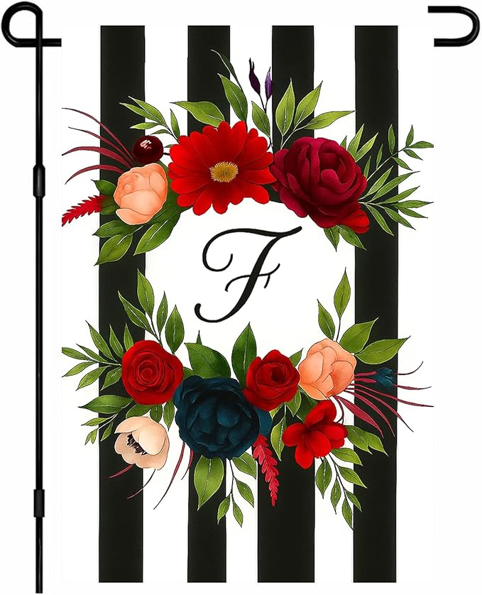 IVN Spring Floral Garden Flag With Mixed Flowers Letter F And Black And White Stripes Wreath Garden Flag Double Sided 12x18 Inch Vertical Farmhouse Yard Outdoor Decoration