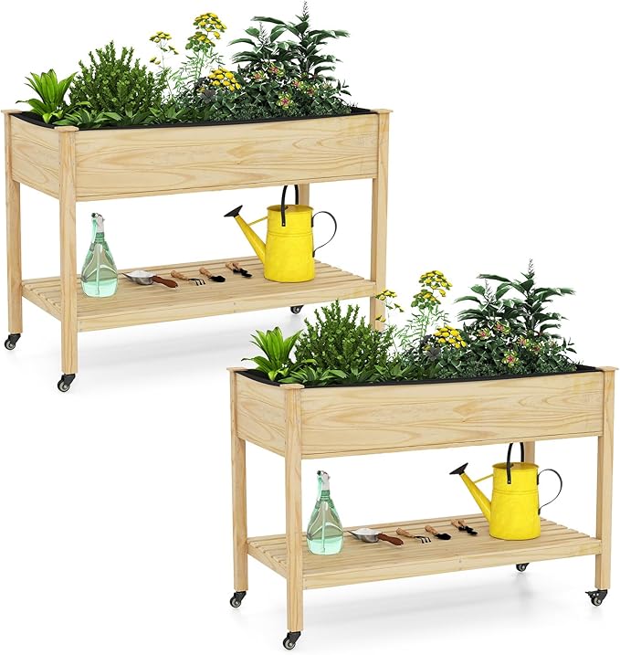 Giantex Mobile Raised Garden Beds Set of 2, Wood Planter Box with Wheels, Storage Shelf & Liner, 47”x23”x33” Rolling Raised Bed for Indoor Outdoor Plants, Vegetables Flower Herbs Fruit Gardening
