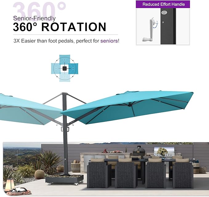 PURPLE LEAF 12' X 9' Rectangle Patio Umbrella Large Outdoor Aluminum Offset Umbrella with 360-degree Rotation Cantilever Umbrella for Garden Deck Backyard Pool Turquoise Blue