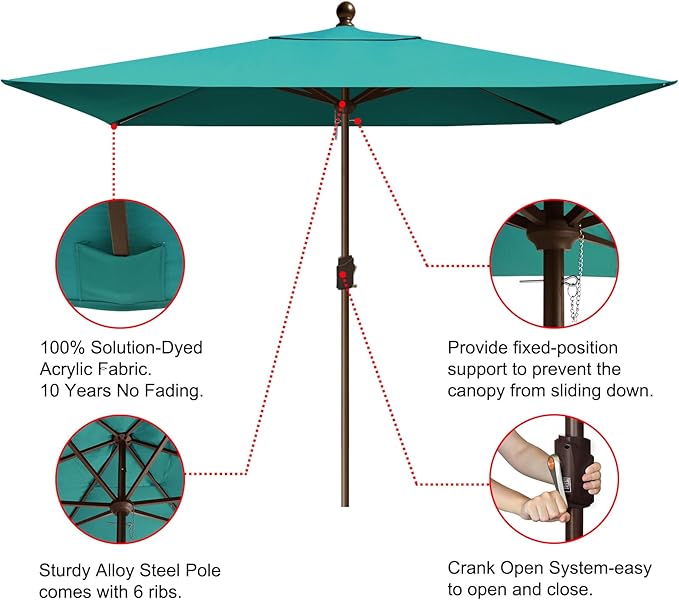 EliteShade 6.5x10Ft Rectangular Market Umbrella Patio Umbrella Outdoor Table Umbrella with Ventilation and 5 Years Non-Fading Top,Teal