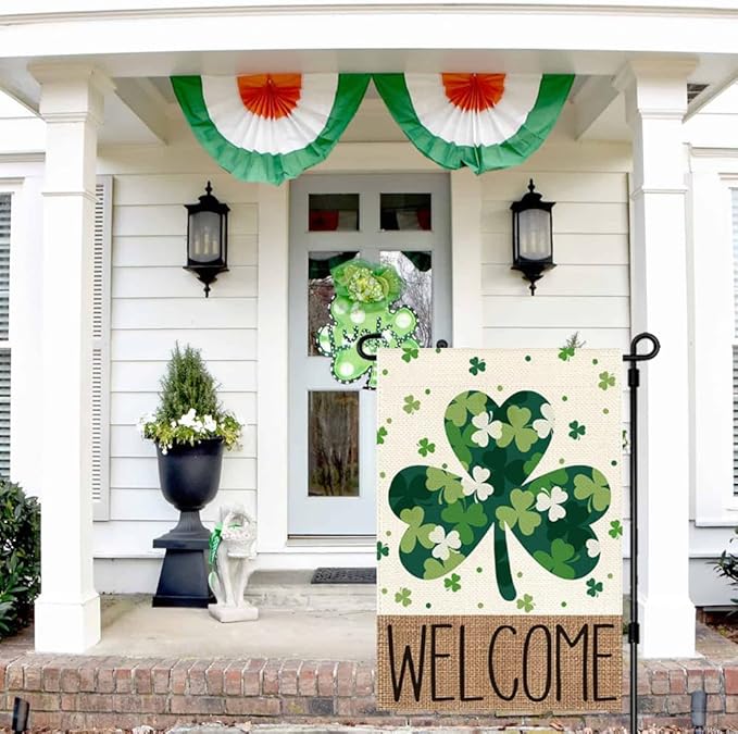St Patricks Day Garden Flag 12x18 Inch Double Sided Outside Welcome Shamrocks Outdoor Yard Flag Green Lucky Clovers Holiday Decoration