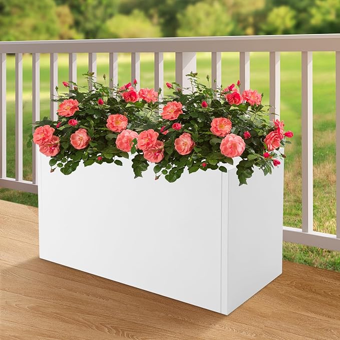 Metal Planter Box, Tall Rectangular Raised Garden Bed with Removable Shelf and Drainage Holes, Modern Steel Garden Planter, Flower Planter Boxes for Patio, Yard & Porch, Outdoor (White, 38*16*20in)