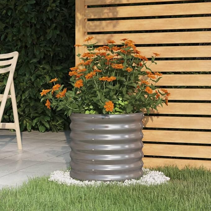 vidaXL Powder-Coated Steel Garden Planter 15.7"x15.7"x14.2" - Durable Outdoor Plant Pot with Ample Space - Weather-Resistant, Gray