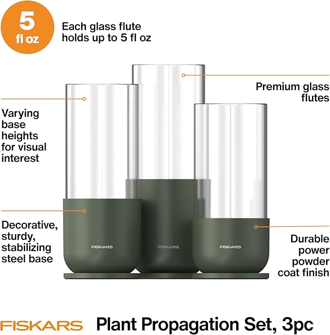 Fiskars Plant Propagation Set, Glass Vases with Metal Stands for Rooting Cuttings, Hydroponic System for Growing Plants in Water & Decorative Display for Indoor Garden Decor, 3 Pack, Clear