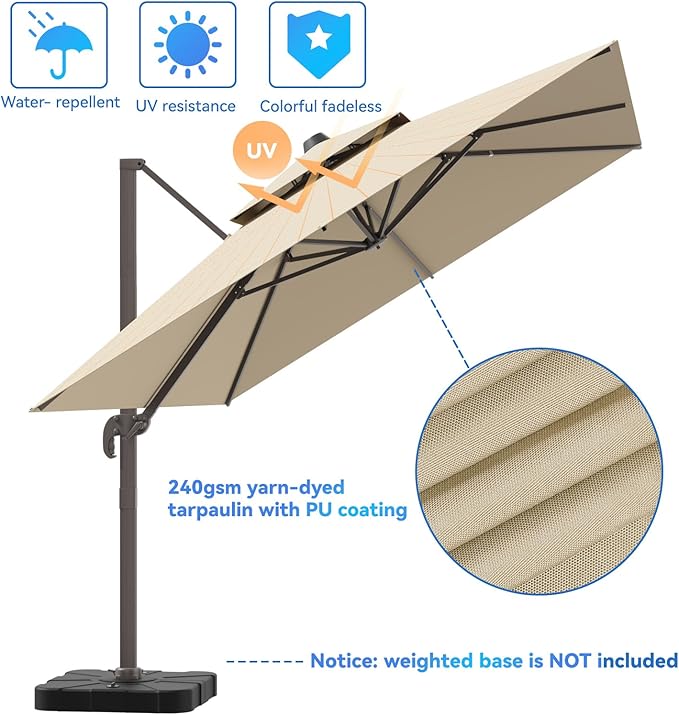 10x13FT Cantilever Outdoor Patio Umbrellas, Double Top Large Rectangle Umbrella, Heavy Duty 360° Rotation Offset Outdoor Sun Shade Umbrella for Garden Deck Pool Backyard Patio, Beige