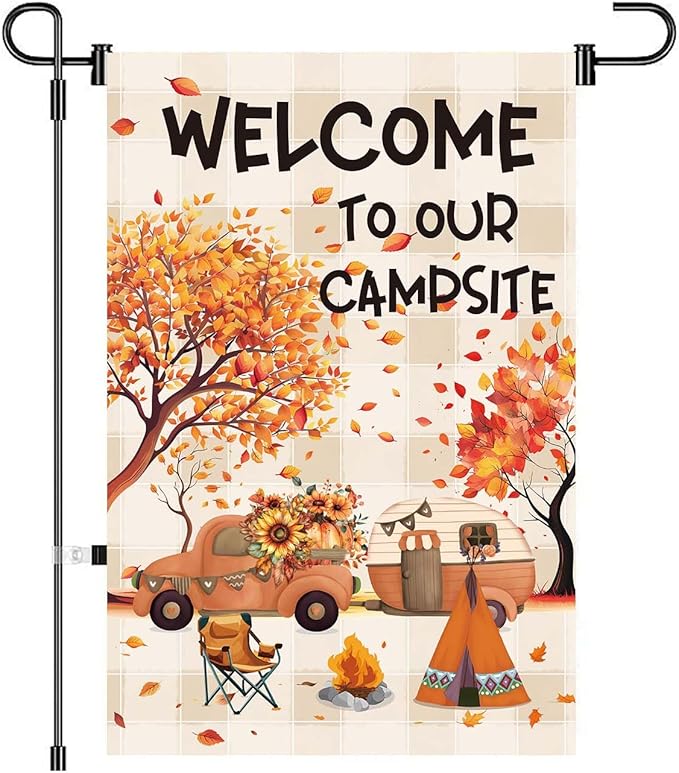 12x18inch Fall Camping Garden Flags Welcome To Our Campsite Garden Flag Double Sided Polyester Outdoor Decor Camping Flags For Campsite Home Yard Party Decoration (CP6)