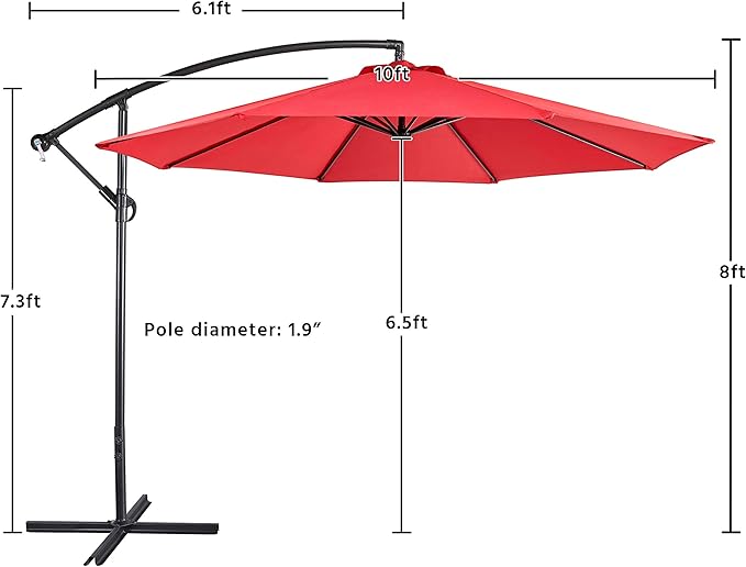 Yaheetech 10FT Patio Offset Umbrella - Cantilever Hanging Outdoor Umbrellas w/UV Protection & 8 Ribs & Handy Crank & Cross Base for Market/Garden/Lawn/Deck/Backyard/Pool - Red