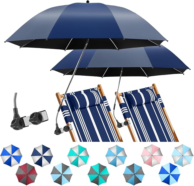 2 Pack Beach Umbrella with 360 Universal Clamp, UPF50+ Umbrella Outdoor Patio Sun Protection for Chairs, Beach &Patio Use (Not Include Chair)