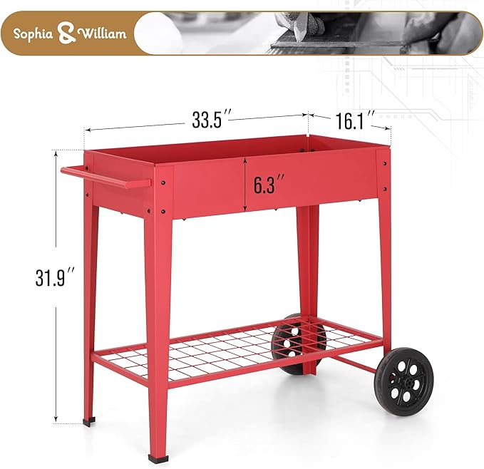Sophia & William Planter Raised Beds with Legs and Wheels, Outdoor Metal Planter Box Elevated Garden Bed with Lower Shelf for Vegetables Flower Herb, Red